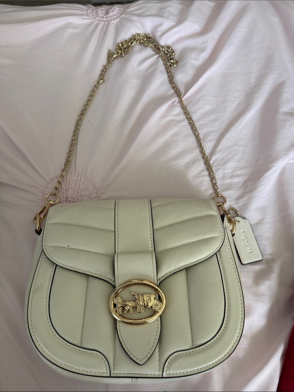 Coach Cream Quilted Saddle Crossbody with Gold Chain